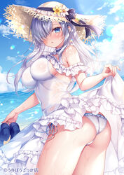  ass beach blue_eyes blue_sky blush breasts cloud commentary_request copyright_notice day dress female flower frilled_dress frilled_panties frills grey_hair hair_over_one_eye hat hat_flower hat_ribbon holding holding_shoes horizon lens_flare looking_at_viewer looking_to_the_side medium_breasts mitsuba_choco original outdoors panties parted_lips ribbon see-through shoes side-tie_panties sideboob sister-chan_(mitsuba_choco) sky solo standing straw_hat sun_hat sundress thighs twisted_torso underwear watermark wet wet_clothes white_dress white_hair white_panties 