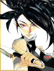  akali arm_tattoo asymmetrical_bangs bare_shoulders black_hair border breasts closed_mouth crop_top dagger eyelashes female high_ponytail highres holding holding_dagger holding_knife holding_weapon jian_tai_(cuoyu0) knife kunai league_of_legends looking_at_viewer medium_breasts ninja orange_border ponytail red_eyes sidelocks signature simple_background sleeveless smile solo tattoo upper_body weapon white_background 