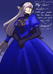  absurdres alternate_breast_size black_gloves blue_background blue_dress blue_headband breasts cursive dress english_text female gloves gradient gradient_background hands_together headband highres large_breasts lavenza_(persona_5) long_hair mole older persona persona_5 scruffyturtles solo white_hair yellow_eyes 