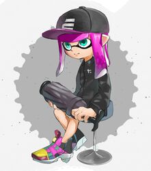  aqua_eyes baseball_cap black_hat brella_(splatoon) closed_umbrella female grey_umbrella hat holding holding_umbrella inkling inkling_girl inkling_player_character long_hair long_sleeves multicolored_footwear nishikuromori pointy_ears purple_hair shoes sitting solo splatoon_(series) splatoon_2 stool tenta_brella_(splatoon) tentacle_hair umbrella 