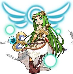  aqua_eyes armlet belt belt_buckle bracer brown_belt brown_footwear buckle circlet dress feathers female full_body green_hair high_heels highres holding holding_staff jewelry kid_icarus leg_up long_hair necklace nishikuromori palutena parted_bangs side_slit simple_background single_thighhigh solo staff strapless strapless_dress thighhighs very_long_hair white_background white_dress white_thighhighs 