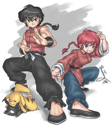  1boy black_hair bosstseng braid breasts chinese_clothes commentary_request crossover dual_persona female fighting_stance genderswap_(mtf) grin medium_breasts muscular p-chan photoshop_(medium) pig piglet pikachu pokemon pokemon_(creature) ranma-chan ranma_1/2 red_hair rule_63 saotome_ranma signature single_braid sleeveless smile sweatdrop tangzhuang 