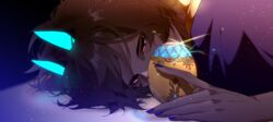  1boy arjuna_(fate) arjuna_alter_(fate) black_hair blue_nails commentary_request covered_mouth dark-skinned_male dark_skin fate/grand_order fate_(series) from_side fuka_(hk_nemo) glint glowing glowing_horns half-closed_eyes highres horns light_particles looking_at_viewer lying male_focus nail_polish on_stomach upper_body 