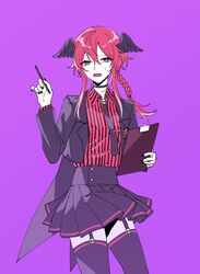  3di_project black_nails braid choker coat collared_shirt feathered_wings female fingernails highres miniskirt necktie open_mouth purple_eyes red_hair rigu_(3di) rigu_(3di)_(character) shirt sidelocks skirt skull solo upper_body virtual_youtuber wings 