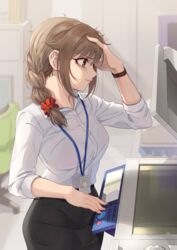  bags_under_eyes black_skirt bra_visible_through_clothes braid bralines brown_eyes brown_hair chair closed_mouth collared_shirt commentary dress_shirt female furrowed_brow hair_ornament hair_scrunchie hand_in_own_hair id_card idolmaster idolmaster_cinderella_girls indoors kamille_(vcx68) lanyard long_sleeves office_chair office_lady pencil_skirt photocopier red_scrunchie scrunchie see-through senkawa_chihiro shirt skirt solo standing swivel_chair white_shirt 