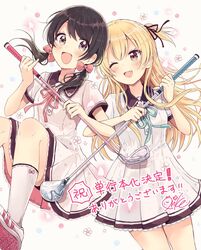  2girls :d ;d black_hair black_ribbon blonde_hair blue_ribbon blush bow brown_eyes collared_dress commentary_request dress floral_background flower golf_club grey_background hair_between_eyes hair_ribbon hairbow highres holding long_hair low_twintails miyasato_haruka multiple_girls neck_ribbon oerba_yun_fang one_eye_closed one_side_up open_mouth pink_bow pink_ribbon pleated_dress ribbon sakura_oriko shoe_soles shoes short_sleeves signature smile socks swing!! translation_request twintails very_long_hair white_dress white_flower white_footwear white_legwear yokomine_ibuki 