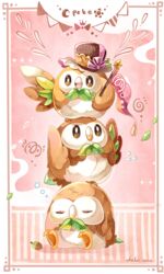  animal_focus animal_on_head bird bird_on_head brown_eyes closed_eyes clothed_pokemon coco7 commentary facing_viewer flag full_body hat holding holding_flag looking_at_another looking_at_viewer no_humans on_head pokemon pokemon_(creature) pokemon_on_head rowlet signature sleeping 