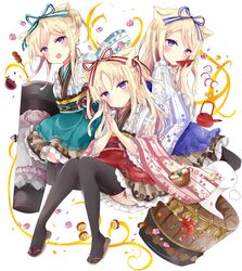  3girls :d absurdres animal_ears bad_id bad_pixiv_id black_legwear blonde_hair blue_bow blue_eyes blue_kimono blue_little_pig_(sinoalice) blue_nails blue_skirt blush bow brown_footwear closed_mouth commentary cup drinking floral_print frilled_skirt frills gradient_kimono green_little_pig_(sinoalice) hair_bun hairbow highres holding holding_cup japanese_clothes kimono long_hair multiple_girls nail_polish open_mouth own_hands_together palms_together print_kimono red_bow red_kimono red_little_pig_(sinoalice) sandals siblings single_hair_bun single_side_bun sinoalice sisters skirt smile striped_bow striped_clothes striped_kimono teapot thighhighs tsukiyo_(skymint) vertical-striped_clothes vertical-striped_kimono very_long_hair white_background wide_sleeves zouri 