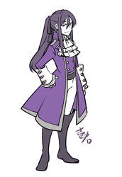  1boy ascot black_footwear boots evillious_nendaiki formal frilled_sleeves frills hair_ribbon half-closed_eyes hand_on_own_hip ichi_ka jacket kamui_gakupo long_hair looking_to_the_side male_focus pants ponytail purple_eyes purple_hair purple_jacket purple_suit ribbon sateriasis_venomania signature smile solo suit thigh_boots thighhighs vocaloid white_pants 