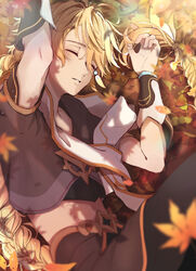  1boy absurdres aether_(genshin_impact) ahoge blonde_hair blush closed_eyes earrings genshin_impact hair_between_eyes highres jewelry leaf long_hair male_focus midriff nezu_(se_aroe) on_ground sleeping 