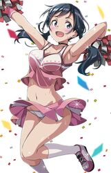  amano_hina_(tenki_no_ko) armpits black_hair blue_eyes cheering cheerleader commentary crop_top crop_top_overhang female flying_sweatdrops highres holding holding_pom_poms kneehighs long_hair looking_at_viewer low_twintails macaroni_hourensou midriff miniskirt navel open_mouth panties pink_footwear pink_shirt pink_skirt pom_pom_(cheerleading) shirt shoes skirt sleeveless sleeveless_shirt smile sneakers socks solo sweat symbol-only_commentary tenki_no_ko twintails underwear white_panties white_socks 