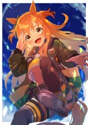  animal_ears belt blue_sky breasts brown_eyes commentary crop_top dog_tags ear_ribbon female green_jacket horse_ears horse_girl horse_tail jacket long_hair looking_at_viewer looking_down mayano_top_gun_(umamusume) open_mouth orange_hair panda_inu shorts sky solo tail thighhighs umamusume underboob 