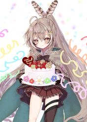  ahoge asymmetrical_legwear birthday_cake brown_capelet brown_cloak brown_eyes brown_hair cake cape capelet cloak crossed_bangs english_text feathers female flower food friend_(nanashi_mumei) hair_ornament hairclip happy_birthday hieroglyphics highres holding holding_cake holding_food hololive hololive_english hootsie_(nanashi_mumei) looking_at_viewer megts0331 miniskirt multicolored_hair nanashi_mumei nanashi_mumei_(1st_costume) pleated_skirt red_skirt ribbon runes shirt single_thighhigh skirt smile solo streaked_hair streamers thighhighs virtual_youtuber white_shirt 