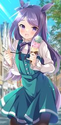  :d animal_ears black_pantyhose blue_dress blue_ribbon blurry blurry_background blush bow commentary_request day depth_of_field dress ear_ribbon female food holding holding_food holding_spoon horse_ears horse_girl horse_tail ice_cream ice_cream_cone long_hair long_sleeves looking_at_viewer mejiro_mcqueen_(umamusume) open_mouth outdoors pantyhose purple_bow purple_eyes purple_hair ribbon shirt sleeveless sleeveless_dress smile solo spoon swept_bangs tail tanabe triple_scoop umamusume very_long_hair white_shirt 