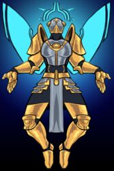  2:3 absurd_res angel armor blue_wings cross faceless_character faceless_male fetishame floating gabriel_(ultrakill) gold_(metal) halo headgear helmet hi_res humanoid knight lol_comments male mask new_blood_interactive not_furry solo spread_arms ultrakill warrior winged_humanoid wings 