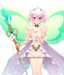  antenna_hair bare_shoulders blush bow breasts closed_mouth clothing_cutout clothing_request collarbone commentary detached_sleeves elf fairy_wings feet_out_of_frame female flower green_wings hair_between_eyes hair_flower hair_ornament hanavvi hand_up holding holding_staff kokkoro_(princess)_(princess_connect!) kokkoro_(princess_connect!) light_smile looking_at_viewer md5_mismatch medium_hair navel navel_cutout pleated_skirt pointy_ears princess_connect! resolution_mismatch see-through skirt small_breasts solo source_larger split_mouth staff white_background white_bow white_hair white_skirt wings 