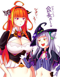  2girls :d ahoge black_gloves black_hairband blunt_bangs bow braid breasts capelet cleavage_cutout clothing_cutout commentary_request crop_top frilled_hat frills gloves grey_hair hair_bun hairband hat height_difference hololive horn_bow horn_ornament horns kiryu_coco kiryu_coco_(1st_costume) large_breasts long_hair long_sleeves midriff multiple_girls murasaki_shion murasaki_shion_(1st_costume) navel noise_(tsuzuki) open_mouth orange_eyes orange_hair red_eyes short_sleeves side_braid simple_background single_braid single_hair_bun smile striped striped_bow sweatdrop tilted_headwear translation_request triangle_mouth upper_body v-shaped_eyebrows vertical_stripes virtual_youtuber white_background witch_hat 