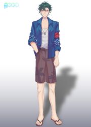  1boy 3di_project amel3di closed_mouth collarbone collared_shirt full_body gradient_background green_hair highres jewelry jortun_leventor logo loose_clothes male_focus necklace red_eyes shadow shirt shorts slippers virtual_youtuber white_shirt 