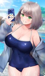  blue_one-piece_swimsuit blue_sky braid breasts cellphone cleavage cloud covered_navel cowboy_shot dan&#039;in-san_(shirogane_noel) day female green_eyes grey_hair grey_jacket grin hand_up highres holding holding_phone hololive jacket large_breasts long_sleeves looking_at_viewer noixen off_shoulder official_alternate_hairstyle one-piece_swimsuit open_clothes open_jacket outdoors phone shirogane_noel short_hair sky smartphone smile solo standing swimsuit virtual_youtuber wet 