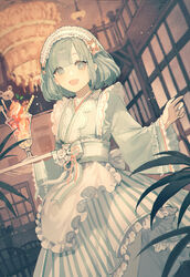  :d absurdres apron blush bob_cut chandelier commentary dress female flat_chest grey_dress grey_eyes grey_hair hairband highres indoors lolita_fashion lolita_hairband looking_at_viewer maid maid_apron maid_headdress open_mouth original pantyhose parfait senryoko short_hair smile solo standing striped_clothes striped_dress tray wa_maid waitress white_pantyhose wide_sleeves wind wind_lift 