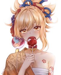  arm_tattoo bad_id bad_pixiv_id breasts candy_apple check_commentary chest_sarashi chest_tattoo choker cleavage collarbone commentary_request covering_own_mouth eating female food genshin_impact hair_between_eyes hair_ornament head_tilt highres holding holding_food japanese_clothes long_hair looking_at_viewer ponytail red_choker ria_(yfvv_ria) sarashi sidelocks simple_background solo tattoo white_background yoimiya_(genshin_impact) 