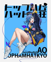  :d absurdres arm_up bad_id bad_pixiv_id black_jacket blue_background blue_eyes blue_hair blue_nails blue_panties chyoel commentary_request female full_body grey_background hair_between_eyes hamko_(rbb) highres holding holding_microphone jacket knees_together_feet_apart knees_up long_sleeves looking_at_viewer microphone nail_polish open_clothes open_jacket open_mouth panties photoshop_(medium) rainybluebell shoes skirt smile socks solo teeth text_background translation_request two-tone_background underwear upper_teeth_only white_footwear white_skirt white_socks 