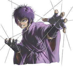  1boy basilisk_(manga) black_eyes bosstseng commentary_request evil_grin evil_smile fingerless_gloves gloves grin japanese_clothes male_focus photoshop_(medium) purple_hair simple_background smile solo upper_body white_background wire yashamaru 