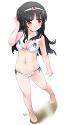  barefoot bikini black_hair blush breasts circlet cleavage closed_mouth collarbone dated druaga_no_tou female full_body highres ki_(druaga) long_hair navel noto_(soranoto) red_eyes simple_background smile solo swimsuit white_background 