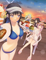  4girls absurdres alternate_costume aqua_hair arius_squad_(blue_archive) atsuko_(blue_archive) bare_shoulders bikini black_hair black_jacket blue_archive blue_bikini blush breasts chair cleavage closed_eyes cloud colored_inner_hair day dress eating food halo highres hiyori_(blue_archive) holding holding_skewer holding_tray hood hood_up hooded_jacket ice_cream jacket kurape_(pat1na) lens_flare long_hair looking_at_another medium_breasts misaki_(blue_archive) monobloc_(chair) multicolored_hair multiple_girls navel open_mouth outdoors parfait pink_hair rice sandals saori_(blue_archive) sausage shaved_ice short_hair sidelocks sitting skewer small_breasts smile sparkle standing stomach sundae sunset sweatdrop swimsuit table takoyaki toes tray twintails visor_cap white_dress yakisoba 