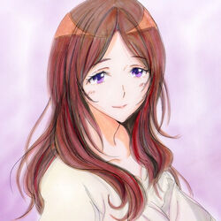  blush brown_hair closed_mouth collarbone female hibike!_euphonium long_hair long_sleeves looking_at_viewer marker_(medium) niiyama_satomi potekite purple_background purple_eyes shirt smile solo traditional_media white_shirt 