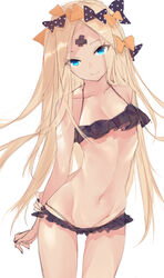  abigail_williams_(fate) arm_behind_back bandaid bandaid_on_face bandaid_on_forehead bare_shoulders bikini black_bikini black_bow blonde_hair blue_eyes blush bow breasts collarbone crossed_bandaids fate/grand_order fate_(series) female forehead hairbow highres long_hair looking_at_viewer multiple_hair_bows nid417 orange_bow parted_bangs polka_dot polka_dot_bow small_breasts smile solo swimsuit thighs 