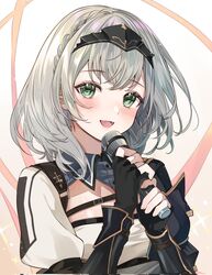  black_gloves blush braid breast_strap chest_strap collared_dress commentary_request dress female french_braid gloves green_eyes grey_hair hairband highres holding holding_microphone hololive looking_at_viewer medium_hair microphone open_mouth shirogane_noel shirogane_noel_(1st_costume) shunka_tunacan simple_background solo tiara upper_body vambraces virtual_youtuber 