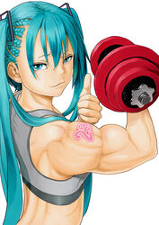  alternate_muscle_size aqua_eyes aqua_hair biceps braid closed_mouth commentary_request cornrows dumbbell exercising eyes_visible_through_hair female from_behind glowing_tattoo grey_sports_bra hair_between_eyes hatsune_miku kasu_(kasunohikari) long_hair looking_at_viewer looking_back muscular muscular_female raised_eyebrow simple_background smile solo sports_bra tattoo thumbs_up twintails underwear upper_body very_long_hair vocaloid weightlifting white_background 