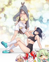  +_+ 5girls :d adapted_costume alternate_costume animal_ears bare_arms barefoot bikini black_hair blue_eyes bow bow_earrings breasts brown_eyes brown_hair ceres_fauna chibi closed_eyes closed_mouth commentary crocs crop_top earrings english_commentary feather_hair_ornament feathers green_hair hair_intakes hair_ornament hakos_baelz hand_on_own_hip high-waist_shorts highres ho2nium holocouncil hololive hololive_english hood hood_up jewelry kneehighs large_breasts long_hair long_sleeves looking_at_viewer mouse_ears multicolored_hair multiple_girls nanashi_mumei one_eye_closed ouro_kronii ouro_kronii_(1st_costume) parted_lips red_hair shirt short_hair shorts sitting smile socks standing streaked_hair striped_clothes striped_shirt swimsuit thumbs_up tsukumo_sana turtleneck underboob vertical-striped_clothes vertical-striped_shirt very_long_hair virtual_youtuber white_hair white_shorts white_socks yellow_bikini yellow_eyes 