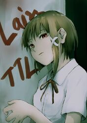  asymmetrical_hair breasts brown_eyes brown_hair commentary female hair_ornament hairclip highres iwakura_lain looking_at_viewer neko_zukin school_uniform serial_experiments_lain short_hair solo x_hair_ornament 