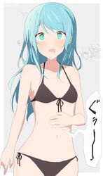  2girls absurdres aqua_hair bang_dream! bare_legs bare_shoulders bikini black_bikini blush border breasts cowboy_shot drooling flying_sweatdrops front-tie_bikini_top front-tie_top green_eyes grey_background halterneck hand_on_own_stomach hazawa_tsugumi highres hikawa_sayo hungry kai3700 long_hair looking_at_viewer mouth_drool multiple_girls navel notice_lines open_mouth shadow side-tie_bikini_bottom sidelocks skindentation small_breasts solo_focus standing stomach stomach_growling swept_bangs swimsuit thigh_gap thighs twitter_username white_border 