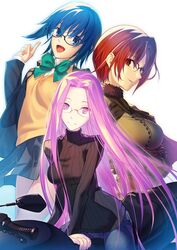  3girls absurdres aikura_chihiro aozaki_touko blue_eyes blue_hair casual ciel_(tsukihime) fate/stay_night fate_(series) forehead glasses highres long_hair looking_at_viewer mahou_tsukai_no_yoru medusa_(fate) medusa_(rider)_(fate) motor_vehicle motorcycle multiple_girls on_motorcycle purple_eyes purple_hair red_eyes red_hair short_hair sweater tsukihime turtleneck turtleneck_sweater 