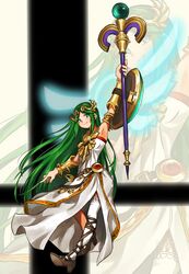  aqua_eyes arm_up armlet bangle belt belt_buckle bracelet bracer brown_belt brown_footwear buckle closed_mouth dress female full_body green_hair high_heels highres holding holding_staff jewelry kid_icarus long_hair looking_up necklace nishikuromori palutena parted_bangs shield side_slit single_thighhigh smash_ball smile solo staff strapless strapless_dress super_smash_bros. thighhighs very_long_hair white_dress white_thighhighs zoom_layer 