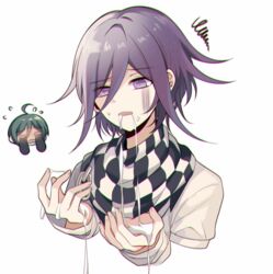  2boys ahoge blush checkered_clothes checkered_scarf commentary_request cropped_torso cum cum_in_mouth cum_on_hands danganronpa_(series) danganronpa_v3:_killing_harmony facial flying_sweatdrops full-face_blush hair_between_eyes hands_up jacket long_sleeves male_focus multiple_boys oma_kokichi open_mouth pink_eyes purple_eyes purple_hair qiao_xing saihara_shuichi scarf short_hair simple_background solo_focus squiggle straitjacket upper_body white_background white_jacket yaoi 