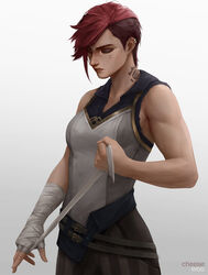  arcane:_league_of_legends arcane_vi artist_name asymmetrical_hair bandaged_arm bandages bare_arms bare_shoulders breasts brown_pants character_name cheesewoo closed_eyes closed_mouth cowboy_shot earrings female grey_background highres holding_bandages jewelry league_of_legends medium_breasts neck_tattoo nose_piercing pants piercing red_hair short_hair sidecut simple_background solo tattoo undercut vi_(league_of_legends) 