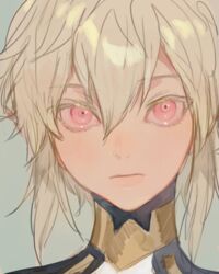  1boy androgynous blonde_hair blush commentary kuzuvine looking_at_viewer lord_of_heroes male_focus nine_(lord_of_heroes) nine_(water) otoko_no_ko pink_eyes pointy_ears portrait solo symbol-only_commentary 