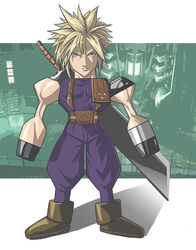  1boy asymmetrical_clothes blonde_hair blue_eyes bosstseng brown_footwear buster_sword cloud_strife commentary_request final_fantasy final_fantasy_vii full_body highres male_focus pants photoshop_(medium) purple_pants serious solo spiked_hair sword weapon 