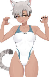  :d absurdres ameiarts animal_ear_fluff animal_ears armpits black_nails borrowed_character breasts brown_eyes cat_ears cat_girl cat_tail claw_pose collarbone competition_swimsuit cowboy_shot earrings extra_ears female grey_hair highres jewelry kara_(vertigris) looking_at_viewer medium_breasts nail_polish one-piece_swimsuit one-piece_tan open_mouth original smile solo stud_earrings swimsuit tail tan tanlines 