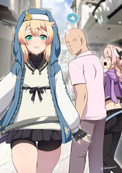  3boys androgyne_symbol animal_hood astolfo_(fate) astolfo_(memories_at_trifas)_(fate) black_gloves black_pantyhose black_shorts black_skirt blonde_hair blue_eyes blue_jacket blurry blurry_background blush braid breasts bridget closed_mouth commentary_request crossover darkmaya day distracted_boyfriend_(meme) faceless faceless_male fate/grand_order fate_(series) fingerless_gloves gloves guilty_gear guilty_gear_strive hood hood_down hood_up hooded_jacket hoodie jacket large_breasts long_hair long_sleeves looking_at_another looking_at_viewer male_focus meme multiple_boys open_clothes open_jacket open_mouth otoko_no_ko outdoors pants pantyhose pink_hair pink_shirt pleated_skirt purple_hoodie shirt short_shorts shorts skirt smile sweatdrop twitter_username yaoi 