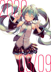  39 ^_^ bare_shoulders black_skirt black_thighhighs blue_hair blue_nails blue_necktie blush closed_eyes collared_shirt commentary curly_hair dated detached_sleeves dot_nose double_v feet_out_of_frame female fingernails flat_chest floating_hair grin hair_between_eyes hatsune_miku head_tilt headset kyou-chan long_hair necktie photoshop_(medium) pleated_skirt shirt sidelocks simple_background skirt sleeveless sleeveless_shirt smile solo standing teeth thighhighs twintails v very_long_hair vocaloid white_background white_shirt zettai_ryouiki 