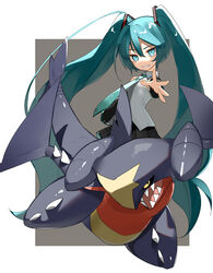  absurdres black_skirt collared_shirt commentary crossover female floating_hair garchomp green_hair green_necktie grey_shirt grin hair_between_eyes hair_ornament hatsune_miku highres long_hair looking_at_viewer necktie outstretched_arm pleated_skirt pokemon pokemon_(creature) reirou_(chokoonnpu) shirt skirt sleeveless sleeveless_shirt smile spread_fingers symbol-only_commentary teeth twintails very_long_hair vocaloid 