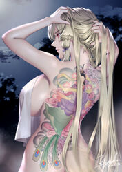  adjusting_hair arms_behind_head arms_up ass back back_tattoo blonde_hair breasts closed_mouth commentary_request covering_privates female from_behind full-body_tattoo hair_ribbon highres holding holding_own_hair irezumi large_breasts long_hair nape night nude nude_cover original outdoors red_eyes ribbon ryuki@maguro-ex sideboob sidelocks signature solo standing steam straight_hair tattoo towel upper_body veins veiny_breasts very_long_hair 