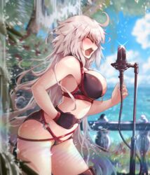  ahoge bikini black_bikini black_choker black_gloves breasts choker closed_eyes day fate/grand_order fate_(series) female gloves grey_hair highres jeanne_d&#039;arc_alter_(fate) jeanne_d&#039;arc_alter_(swimsuit_berserker)_(fate) large_breasts long_hair microphone_stand o-ring o-ring_bikini o-ring_bottom outdoors ru_251 single_glove solo standing swimsuit thigh_strap very_long_hair 