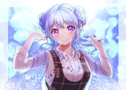  alternate_hairstyle bang_dream! belt blue_hair blush braid check_commentary clenched_hand closed_mouth collared_shirt commentary commentary_request double_bun earrings female gen_(gen_m_gen) grey_vest hair_bun hand_in_own_hair hand_on_own_chest highres jellyfish jewelry light_blue_hair long_hair long_sleeves looking_at_viewer matsubara_kanon open_mouth plaid plaid_vest purple_eyes see-through see-through_sleeves shawl shirt skirt smile solo vest white_shirt white_skirt 