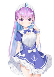  absurdres ahoge anchor anchor_symbol blue_bow blue_dress blue_hair blush bow braid breasts cleavage cleavage_cutout closed_mouth clothing_cutout colored_inner_hair commentary_request dress female frilled_dress frills fuyuki030 hair_down hand_up highres hololive long_hair maid_headdress medium_breasts minato_aqua minato_aqua_(1st_costume) multicolored_hair purple_eyes purple_hair short_sleeves simple_background smile solo two-tone_hair very_long_hair virtual_youtuber white_background white_bow wrist_cuffs 